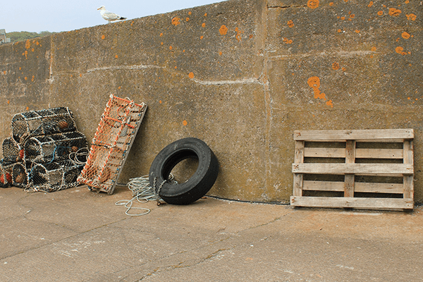 Discarded pallet leaning on a wall at a dock