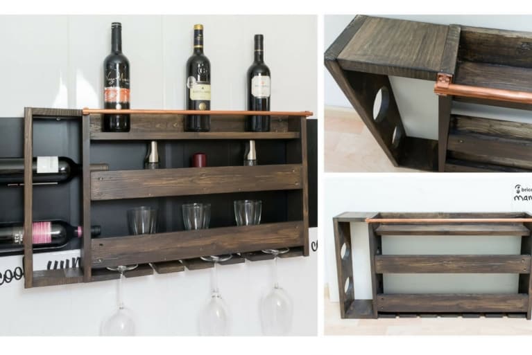 Wine rack made from pallet wood and brass