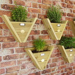 Triangular hanging wooden plant boxes