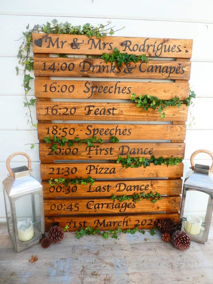 A wooden pallet with writing on each board detailing the times and event happening during a wedding